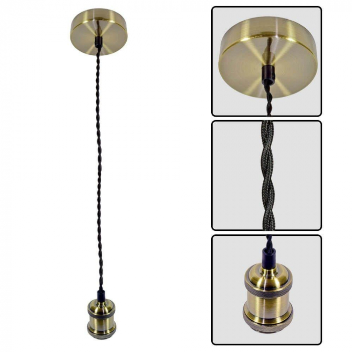 Pendul Vivalux RETRO Antique Brass, E27, max. 60W, textil Metal, IP20, O100mm, cablu dublu Negru 1m, bec neinclus