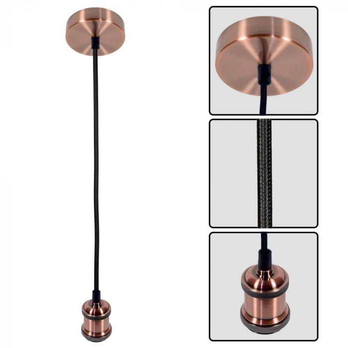 Pendul Vivalux RETRO Antique Copper, E27, max. 60W, textil Metal, IP20, O100mm, cablu Negru 1m, bec neinclus