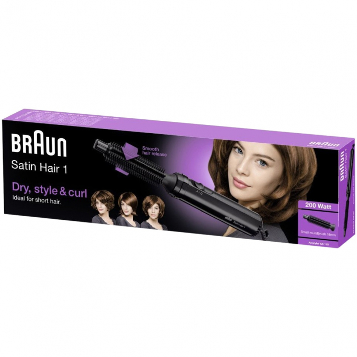 Perie cu aer cald Braun Satin-Hair 1 AS 110, 200 W, 2 Trepte, Perie 18 mm, Negru