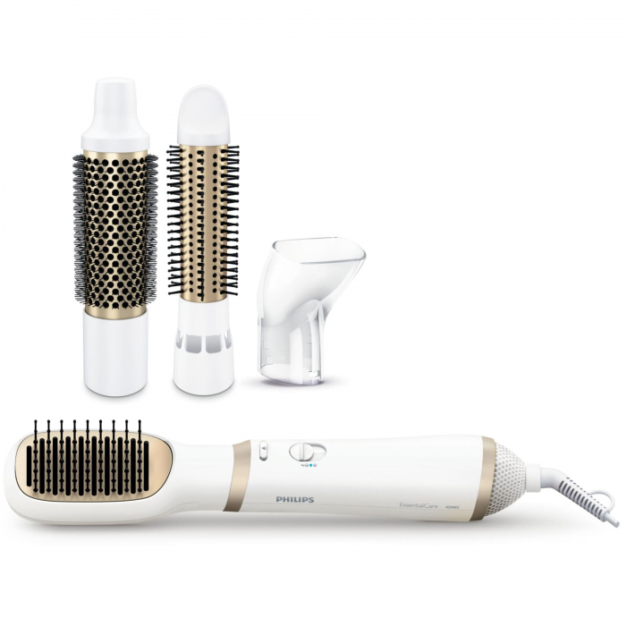 Perie cu aer cald Philips Essential Care Airstyler HP8663 00, 800 W, Ionizare, ThermoProtect, 4 accesorii, Alb