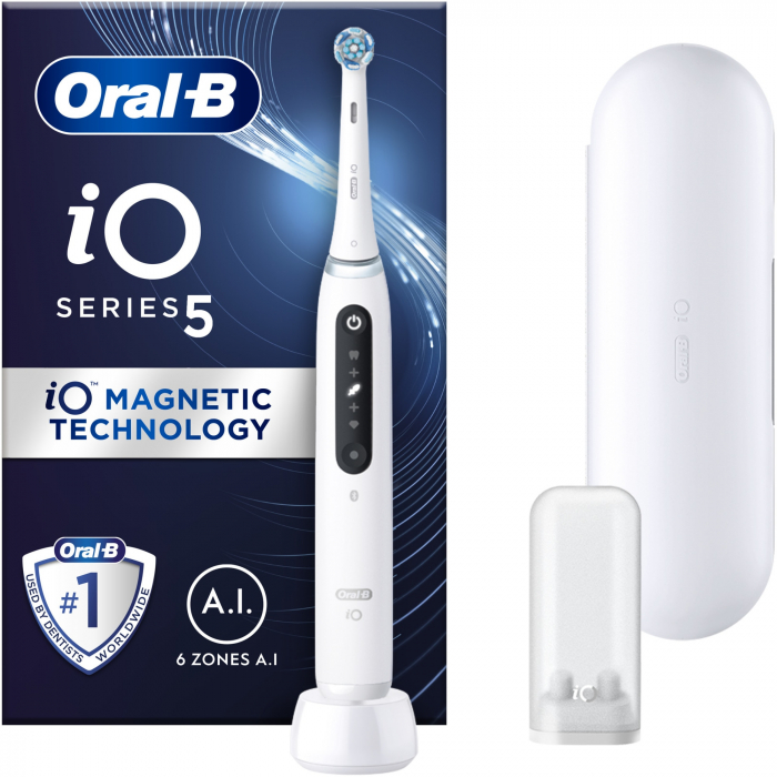 Periuta de dinti electrica Oral-B iO5 cu Tehnologie Magnetica si Micro-Vibratii, Inteligenta artificiala, Display conversational, Senzor de presiune Smart, 5 moduri, 1 capat, Trusa de calatorie, Alb