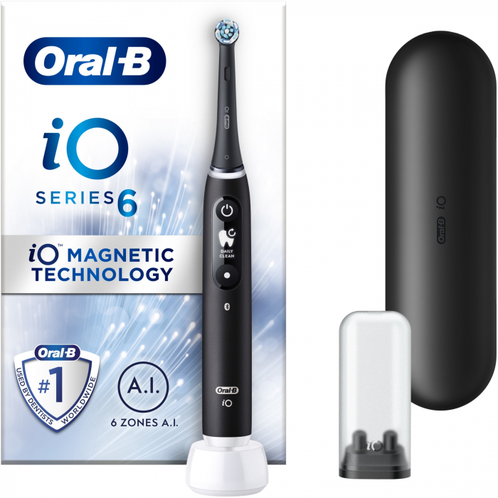 Periuta de dinti electrica Oral-B iO6 cu Tehnologie Magnetica si Micro-Vibratii, Inteligenta artificiala, Display led interactiv, Senzor de presiune Smart, Timer vizibil, 5 moduri, 1 capat, Trusa de c