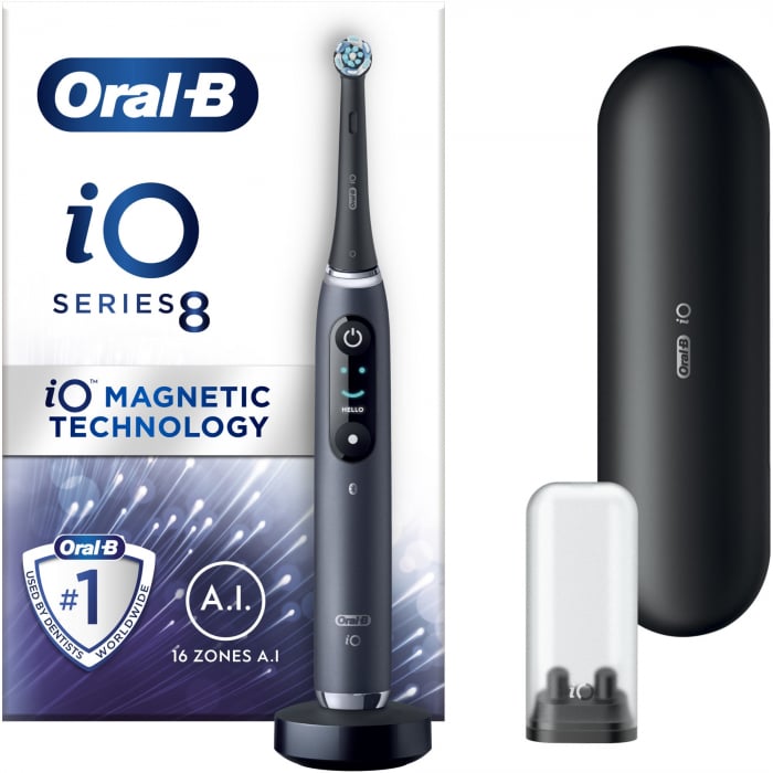 Periuta de dinti electrica Oral-B iO8 cu Tehnologie Magnetica si Micro-Vibratii, Inteligenta artificiala, Display led interactiv, Senzor de presiune Smart, Timer vizibil, 6 moduri, 1 capat, Suport rez