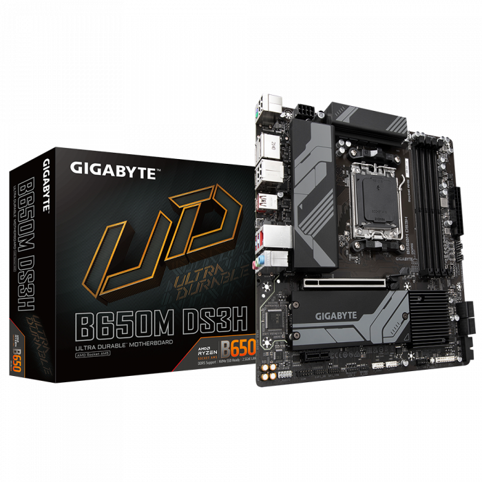 Placa de baza Gigabyte B650M DS3H AM5 AMD Socket AM5 Supports AMD Ryzen, 7000 Series Processors Unparalleled Performance Direct 6+2+1 Phases Digital VRM Solution Dual Channel DDR5 4 SMD DIMMs with AM