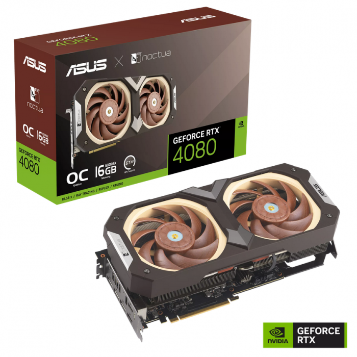 Placa video Asus GeForce RTX 4080 OC 16GB Noctua, GDDR6X, 256BIT, clock speed 2596MHz, 2x HDMI 2.1a, 3x DisplayPort 1.4a, PCIe 4.0