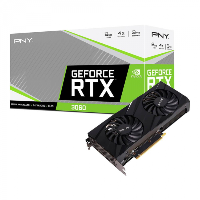 Placa video PNY GeForce RTX 3060 8GB Verto Dual Fan, GDDR6, 128bit, 1320MHz clock speed, 3x DisplayPort 1.4a, 1x HDMI 2.1