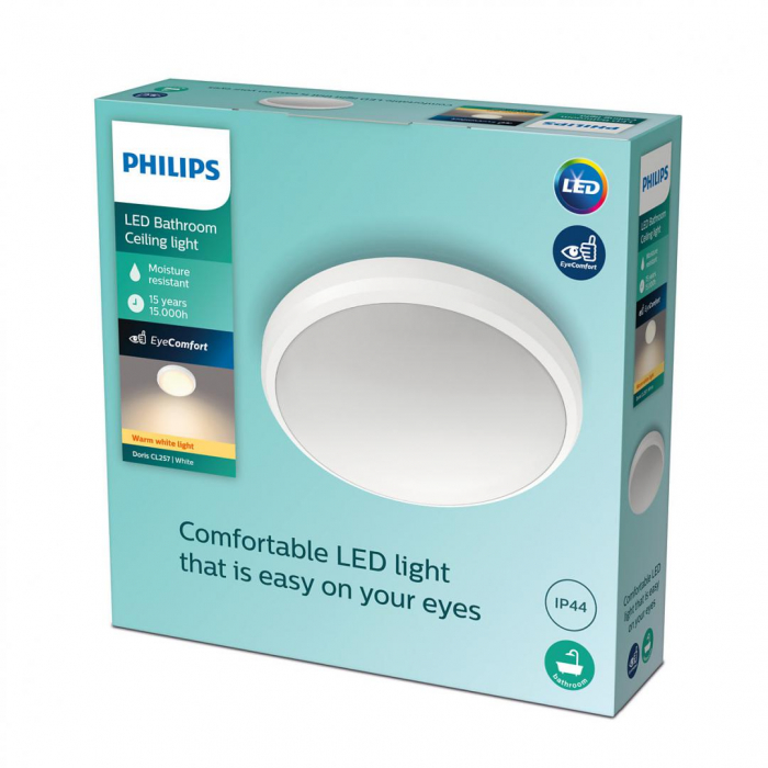 Plafoniera LED Philips Doris CL257, 6W, 600 lm, lumina calda (2700K), IP44, 22cm, Alb