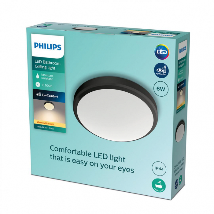 Plafoniera LED Philips Doris CL257, 6W, 600 lm, lumina calda (2700K), IP44, 22cm, Negru