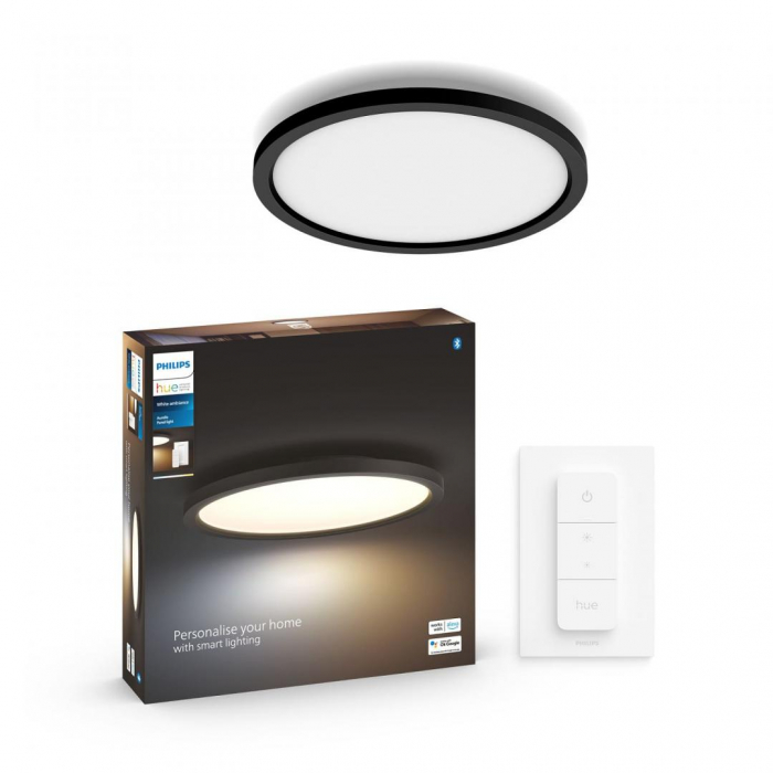 Plafoniera LED Philips Hue Aurelle, Bluetooth, 24.5W, 2450 lm, lumina alba (2200-6500K), IP20, 39.5cm, Aluminiu, Negru, Intrerupator cu variator inclus