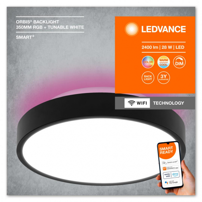 Plafoniera LED RGB inteligenta Ledvance SMART+ Wifi Orbis Backlight 350, 28W, 2400 lm, lumina alba si color (3000-6500K), IP20, O350x90mm, metal Policarbonat, Negru