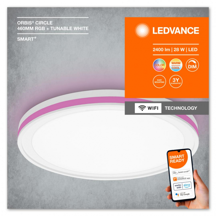 Plafoniera LED RGB inteligenta Ledvance SMART+ Wifi Orbis Circle 460, 28W, 2400 lm, lumina alba si color (3000-6500K), IP20, O460x95mm, ABS Policarbonat, Alb