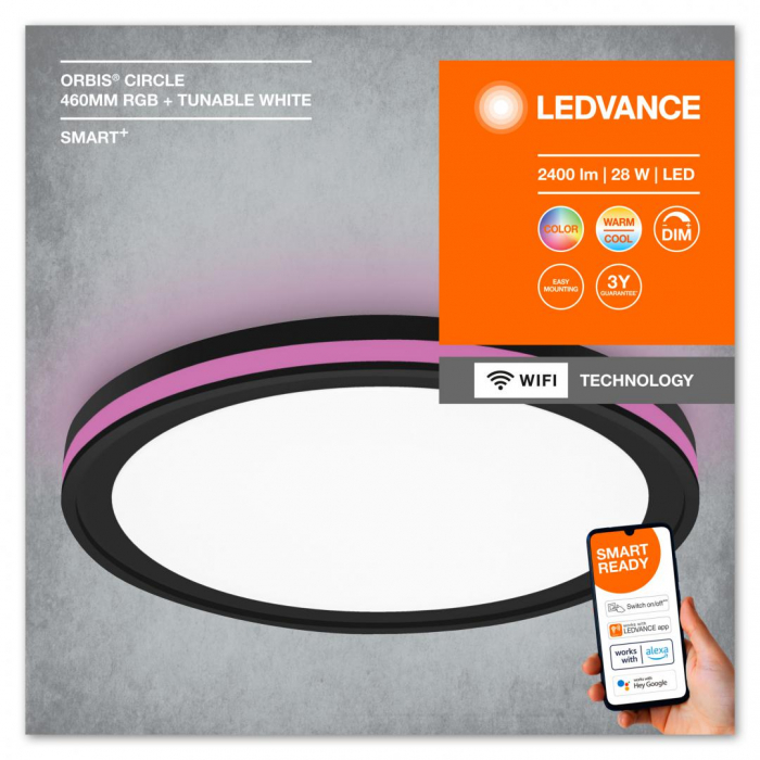 Plafoniera LED RGB inteligenta Ledvance SMART+ Wifi Orbis Circle 460, 28W, 2400 lm, lumina alba si color (3000-6500K), IP20, O460x95mm, ABS Policarbonat, Negru