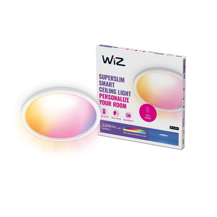 Plafoniera LED RGB WiZ SuperSlim, Wi-Fi, control vocal, 22W, 2600 lm, lumina alba si color (2200-6500K), IP20, 43cm, Alb