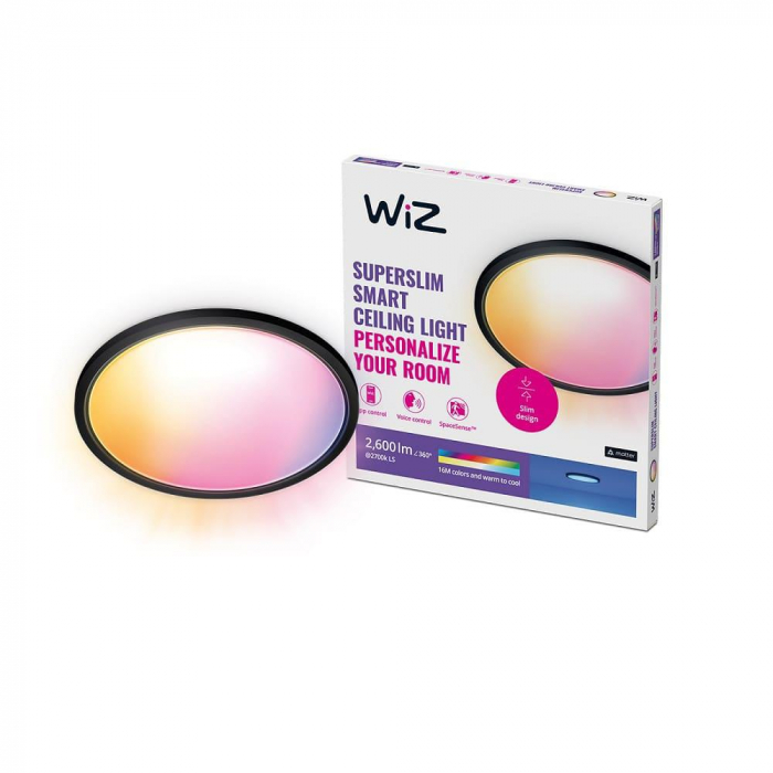 Plafoniera LED RGB WiZ SuperSlim, Wi-Fi, control vocal, 22W, 2600 lm, lumina alba si color (2200-6500K), IP20, 43cm, Negru