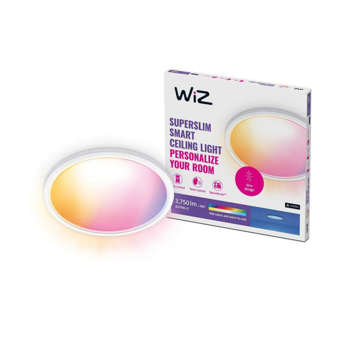 Plafoniera LED RGB WiZ SuperSlim, Wi-Fi, control vocal, 32W, 3750 lm, lumina alba si color (2200-6500K), IP20, 55cm, Alb