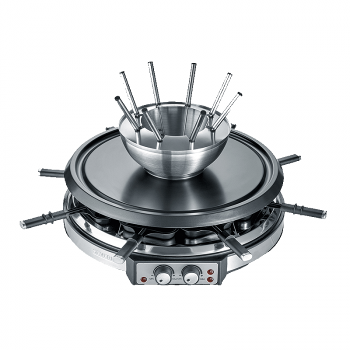 Plita grill electrica Severin, S2348, potrivita pentru 8 persoane, 1900 W, 2 comutatoare rotative pentru temperatura, antiaderenta, bol fondue, 8 raclette, cablu lung, accesorii incluse, negru inox