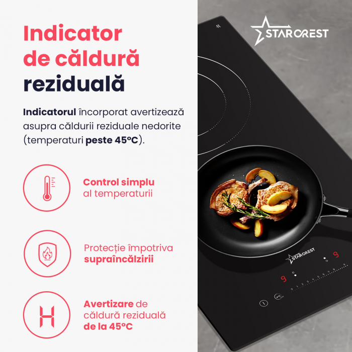 Plita incorporabila STARCREST SEH-30P2, Vitroceramica, 2 zone de gatit, 9 trepte de putere, 3200 W, Slider Touch control, Timer, Sticla Neagra [7]