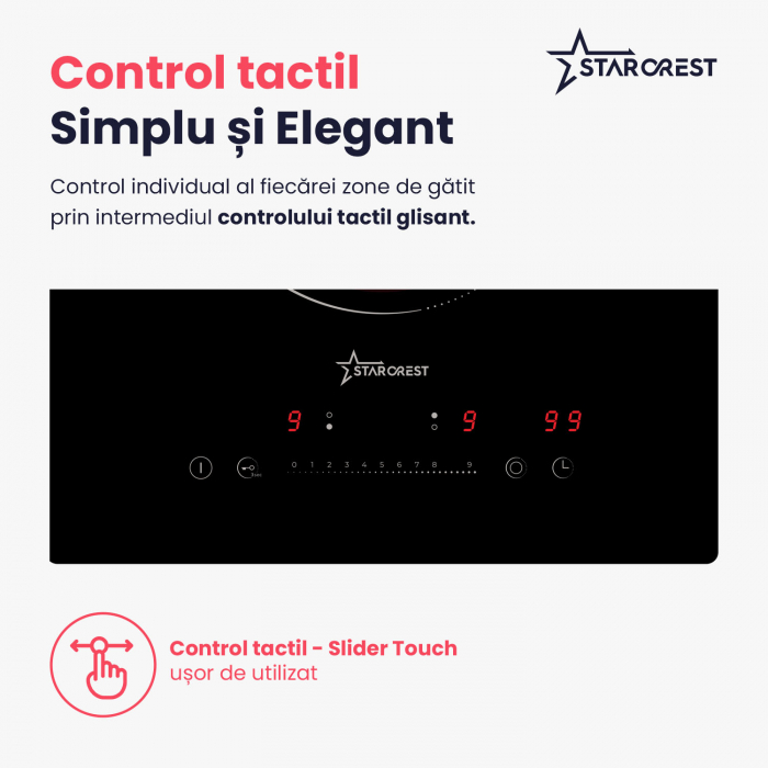 Plita incorporabila STARCREST SEH-30P2, Vitroceramica, 2 zone de gatit, 9 trepte de putere, 3200 W, Slider Touch control, Timer, Sticla Neagra [5]