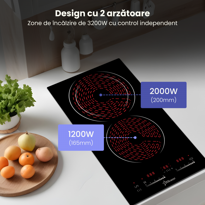 Plita incorporabila STARCREST SEH-32S8, Vitroceramica, 2 zone de gatit, 9 trepte de putere,  3200 W, Touch control, Timer, Sticla Neagra [5]