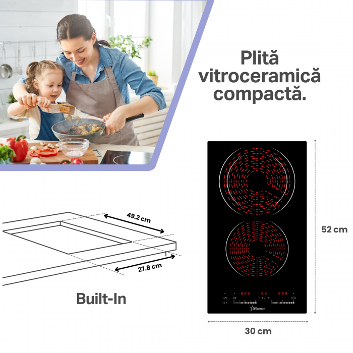 Plita incorporabila STARCREST SEH-32S8, Vitroceramica, 2 zone de gatit, 9 trepte de putere,  3200 W, Touch control, Timer, Sticla Neagra [2]
