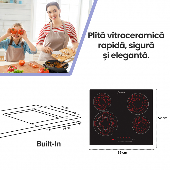 Plita incorporabila STARCREST SEH-62S3, Vitroceramica, 4 zone de gatit, 9 trepte de putere, 6500 W, Touch control, Timer, Sticla Neagra [2]