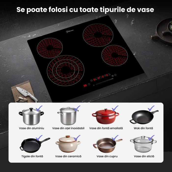Plita incorporabila STARCREST SEH-62S3, Vitroceramica, 4 zone de gatit, 9 trepte de putere, 6500 W, Touch control, Timer, Sticla Neagra [3]