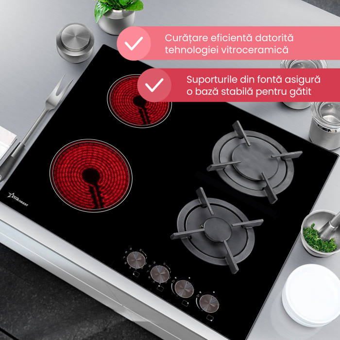 Plita incorporabila STARCREST SEH-HM6042, Mixta, 2 zone gaz, 2 zone vitroceramice, Aprindere electrica, Sticla neagra [3]