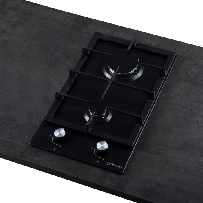 Plita incorporabila STARCREST SGH-3152BK, Gaz, 2 Arzatoare, Gratare fonta, Aprindere electrica, Latime 30cm, Negru [3]