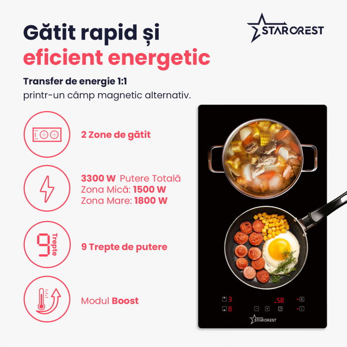 Plita incorporabila STARCREST SIH-3030, Inductie, 3300 W, 2 zone de gatit, 9 trepte de putere, Touch control, Timer, Sticla Neagra [3]