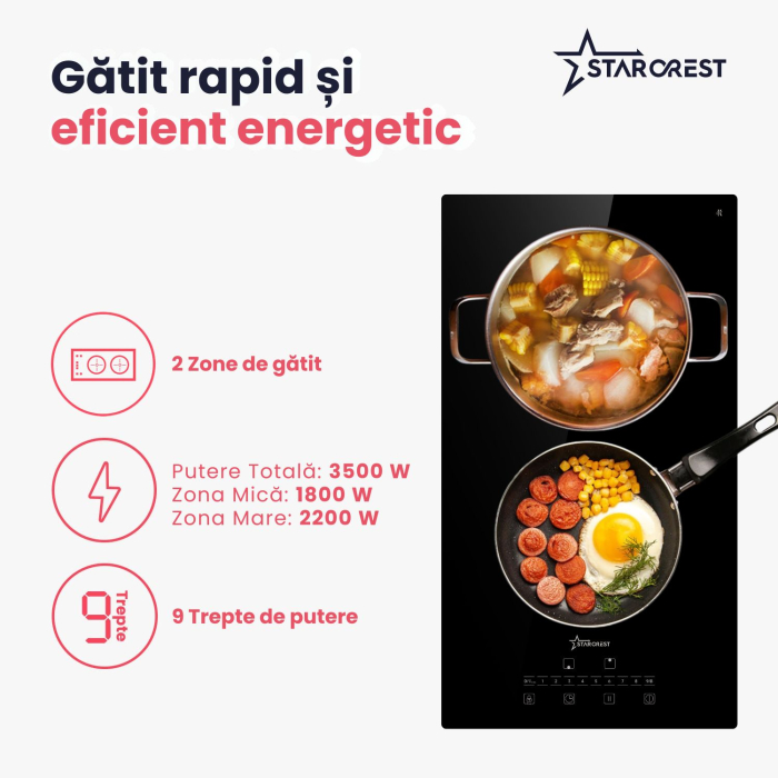 Plita incorporabila STARCREST SIH-3232, Inductie, 3500 W, 2 zone de gatit, 9 trepte de putere, Touch control, Timer, Sticla Neagra Kanger [3]