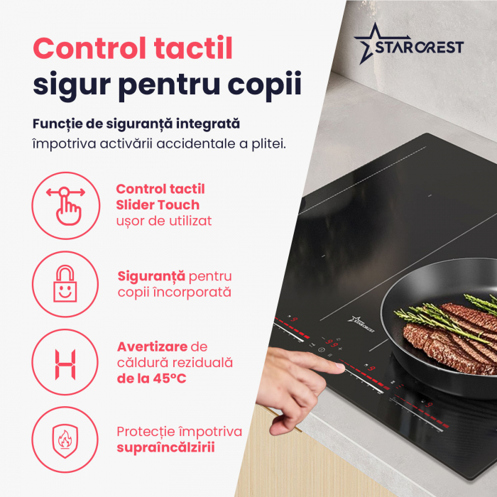 Plita incorporabila STARCREST SIH-60P4-BR, Inductie, 4 Zone de gatit, Slider Touch Control, Booster, Functie Bridge, Timer, Sticla Neagra [7]