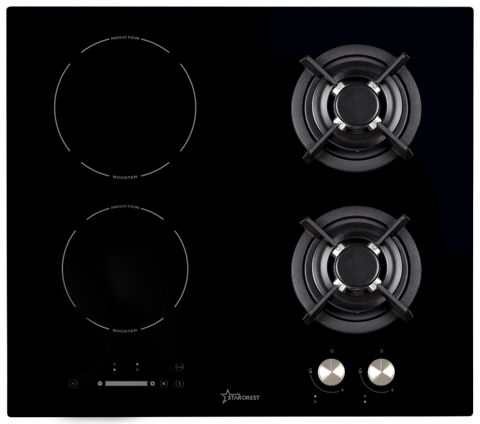 RESIGILAT - Plita incorporabila STARCREST SIH-GT8044, Mixta, 2 zone gaz, 2 zone Inductie, Aprindere electrica, Sticla neagra