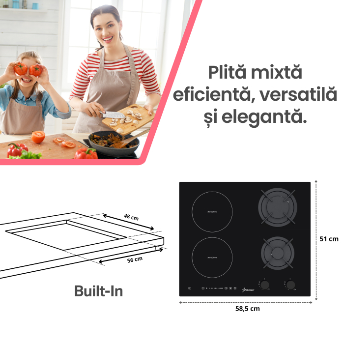 Plita incorporabila STARCREST SIH-HM9066, Mixta, 2 zone gaz, 2 zone Inductie, Aprindere electrica, Sticla neagra [2]