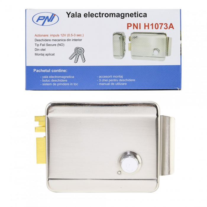PNI Yala electromagnetica H1073A din otel, cu butuc Fail Secure NO, Se potriveste solutiilor de interfon cu intercom sau sistemelor de control acces, Alimentare: 12V, 1A, carcasa din otel inoxidabi, D