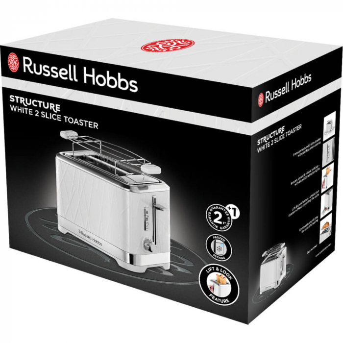 Prajitor de paine Russell Hobbs Structure 28090-56, 1050 W, 2 felii, Functie Lift and Look, Tava de firimituri detasabila, Alb