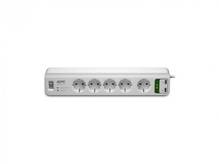 Prelungitor APC cu protectie 5 prize Schuko cablu , 2.0m 2 porturi USB alb