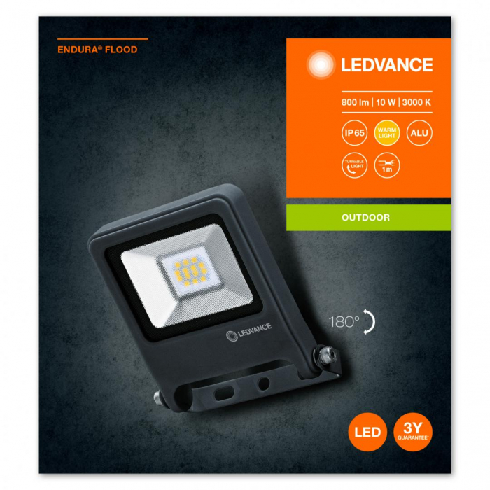 Proiector LED Ledvance ENDURA FLOOD, 10W, 220-240V, 800 lm, lumina calda (3000K), IP65 IK06, 125x101x29mm, aluminiu, Gri