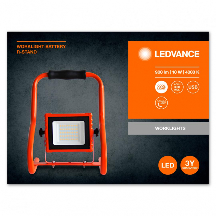 Proiector LED portabil (lampa de lucru) Ledvance Worklight Battery R- Stand, 10W, 5V, 900 lm, lumina neutra (4000K), IP44 IK05, baterie reincarcabila prin cablu USB -8h, autonomie 4h, Orange