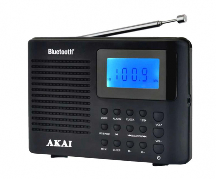 Radio cu ceas Akai APR-400 cu baterii 3x AAA, Bluetooth 5.0, Power max 0.8W, accesorii: curea de mana