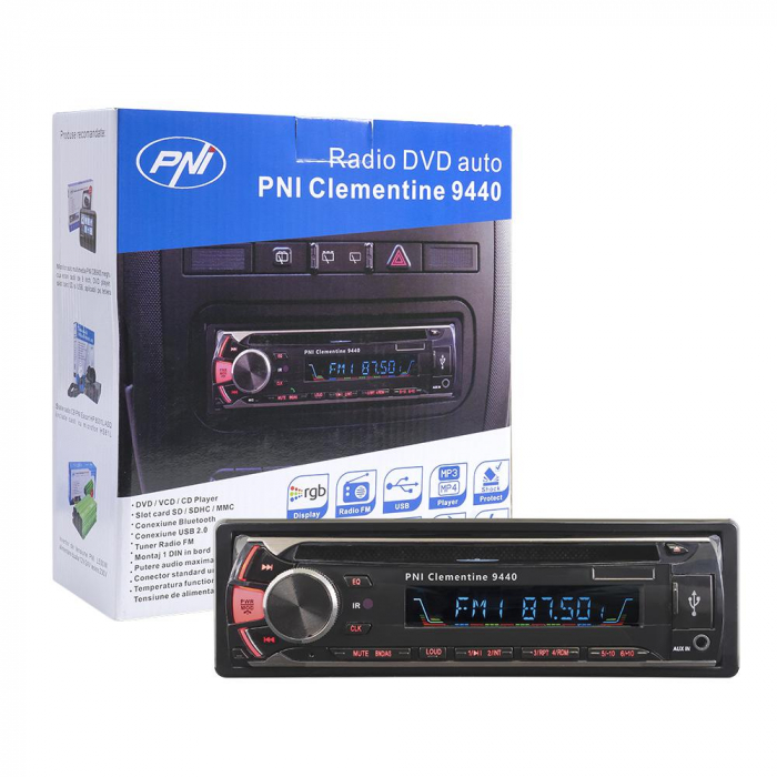 Radio DVD auto PNI Clementine 9440 1 DIN radio FM, SD, USB, iesire video si Bluetooth, Putere maxima audio (W) 4 X 45, Radio: FM 87.5 - 108MHz, AUX In (3.5mm mini jack), DVD player: DVD VCD CD, Re