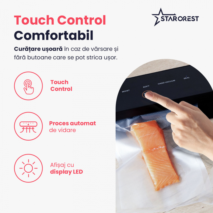 Aparat de vidat si sigilat STARCREST VS-3022, Panou comanda Touch , Vidare umed/uscata, 5 Functii, Ideal pentru alimente sensibile, Cutter incorporat, 10 Pungi incluse, Negru [5]