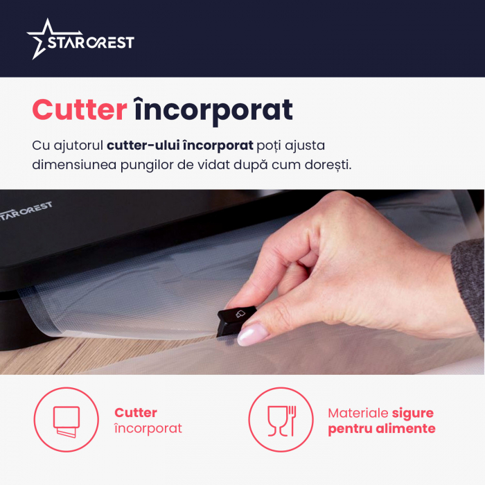 Aparat de vidat si sigilat STARCREST VS-3022, Panou comanda Touch , Vidare umed/uscata, 5 Functii, Ideal pentru alimente sensibile, Cutter incorporat, 10 Pungi incluse, Negru [4]