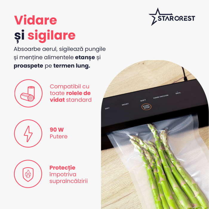 Aparat de vidat si sigilat STARCREST VS-3022, Panou comanda Touch , Vidare umed/uscata, 5 Functii, Ideal pentru alimente sensibile, Cutter incorporat, 10 Pungi incluse, Negru [3]