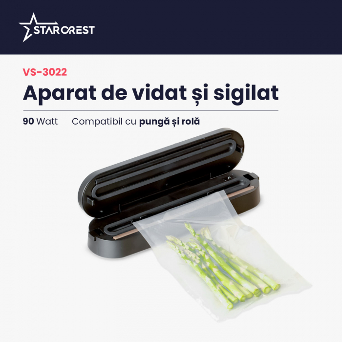Aparat de vidat si sigilat STARCREST VS-3022, Panou comanda Touch , Vidare umed/uscata, 5 Functii, Ideal pentru alimente sensibile, Cutter incorporat, 10 Pungi incluse, Negru [2]