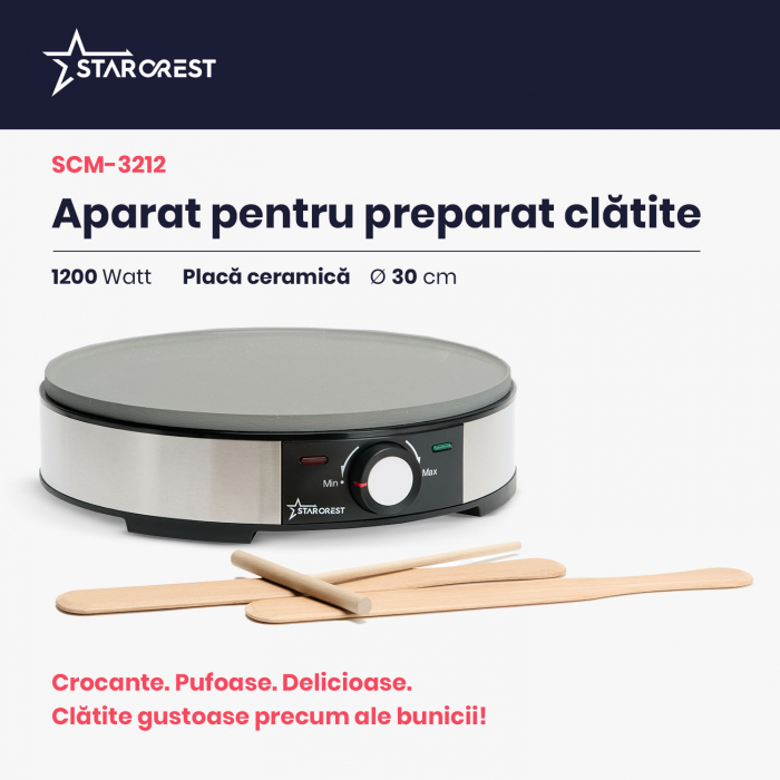 RESIGILAT - Aparat pentru preparat clatite STARCREST SCM-3212, 1200W, Placa cu invelis ceramic antiaderent, 30 cm, Inox / Negru [2]