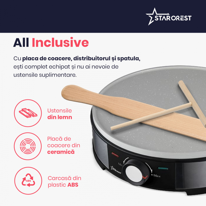 RESIGILAT - Aparat pentru preparat clatite STARCREST SCM-3212, 1200W, Placa cu invelis ceramic antiaderent, 30 cm, Inox / Negru [6]