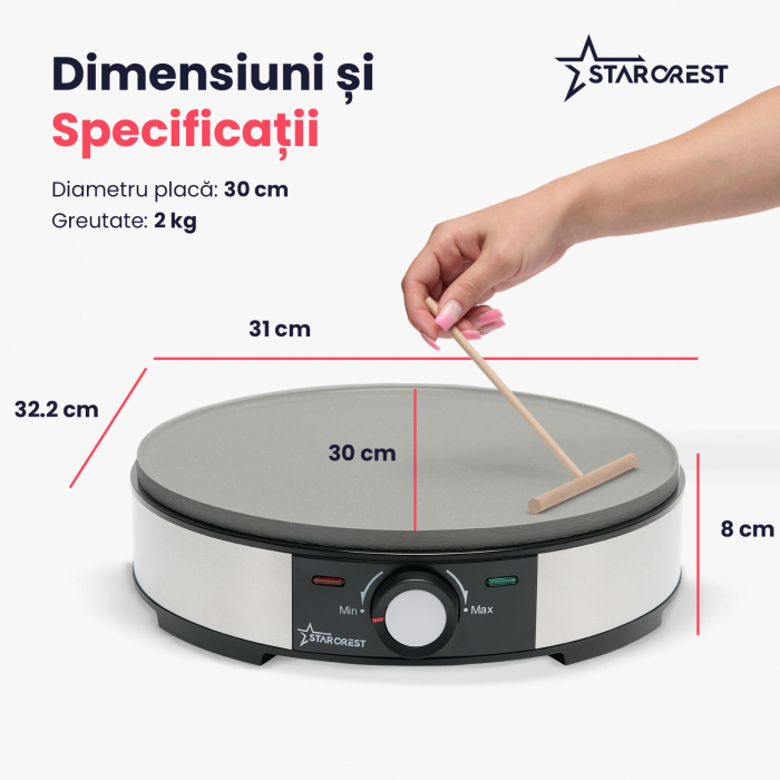 RESIGILAT - Aparat pentru preparat clatite STARCREST SCM-3212, 1200W, Placa cu invelis ceramic antiaderent, 30 cm, Inox / Negru [8]