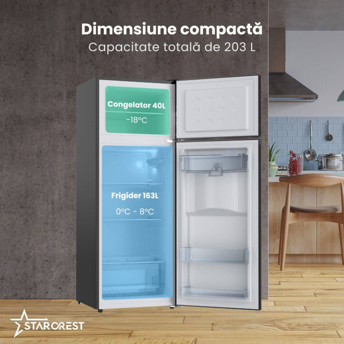 Frigider cu 2 usi STARCREST SF-203WD-BKE, 203 L, Clasa E, Dozator Apa, Iluminare LED, Termostat Ajustabil, Usi reversibile, H 145 cm, Negru [2]