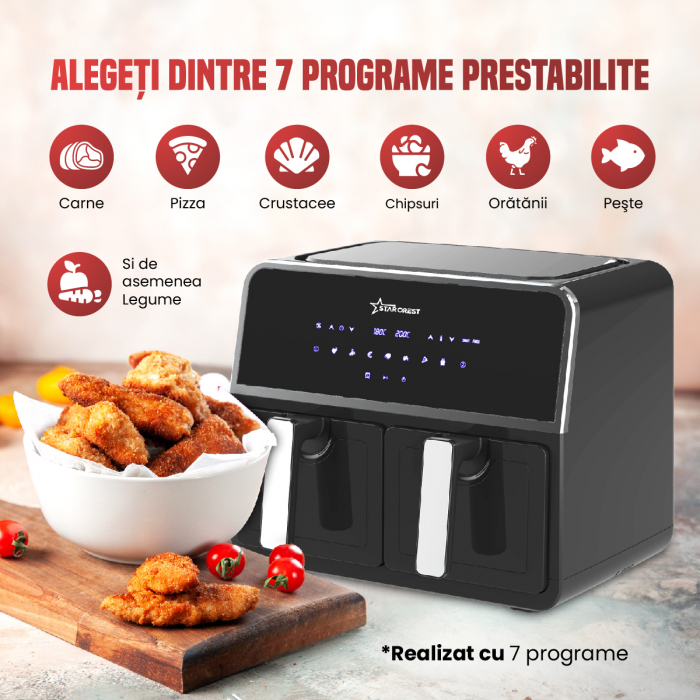 Friteuza cu aer cald STARCREST SFR-9200BK, 1800 W, Cos Dublu, 9 litri, Termostat 80 - 200 °C, 8 programe predefinite, Negru [4]