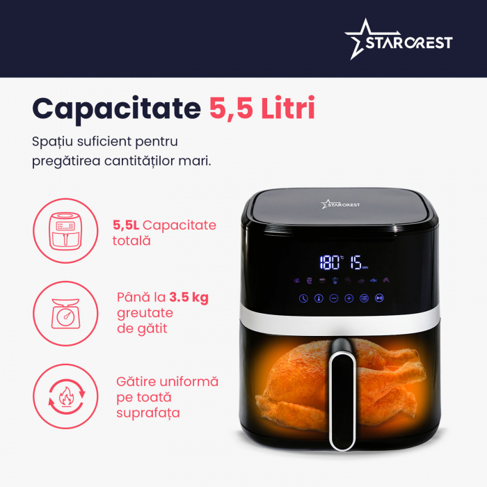 Friteuza digitala cu aer cald STARCREST SFR-5570BK, 1500 W, 5.5 Litri, Termostat 80 - 200 °C, 8 programe predefinite, Negru [6]